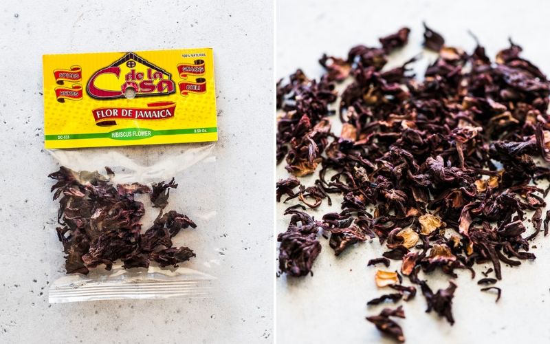 A bag of Flor de Jamaica (also known as dried hibiscus flowers) from a Mexican grocery store.