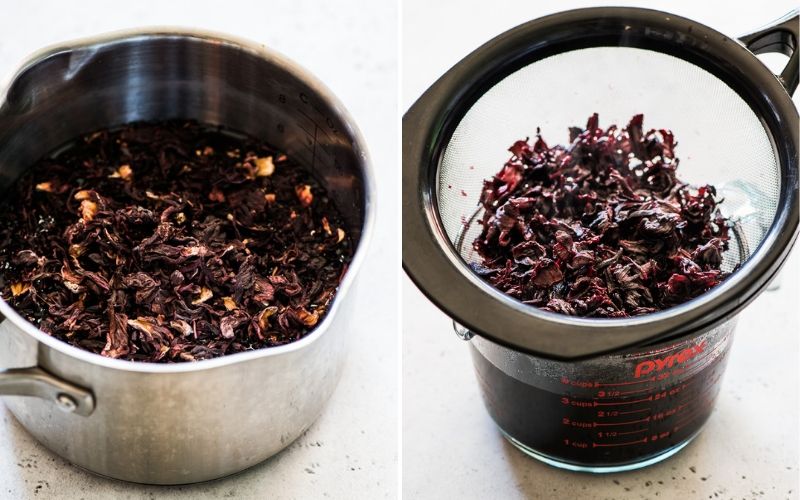 Dried hibiscus flowers in a pot and then being strained to make jamaica drink.