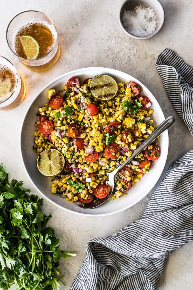 Grilled corn salsa in a white bowl