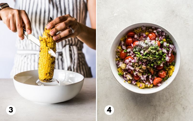 Cutting grilled corn on the cob into a bowl to make grilled corn salsa.