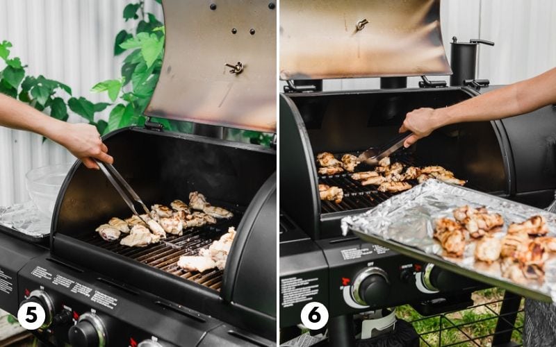 Chicken wings on a Char-Griller grill being flipped over and grilled.