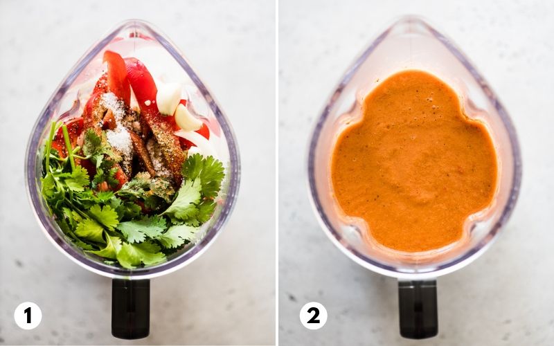 Step by step process of how to make gazpacho in a blender.