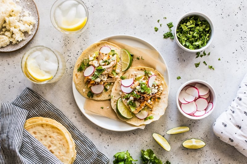 Tacos made with paleo tortillas and chicken.