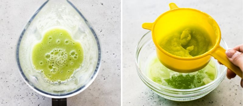 Cucumber juice in a blender and then being sifted through a fine mesh strainer.