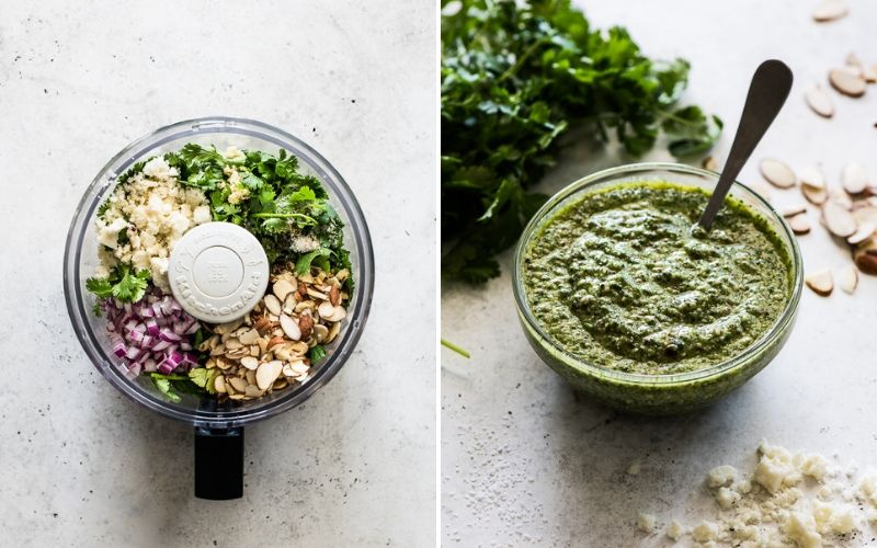 Cilantro pesto for topping on grilled skirt steak