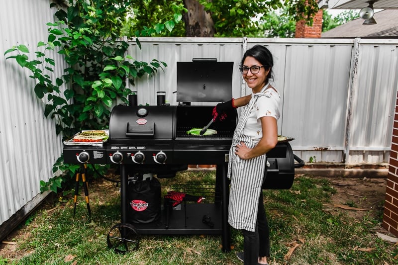 Isabel Orozco-Moore of Isabel Eats grilling lettuce on a Char-Griller Texas Trio Grill.