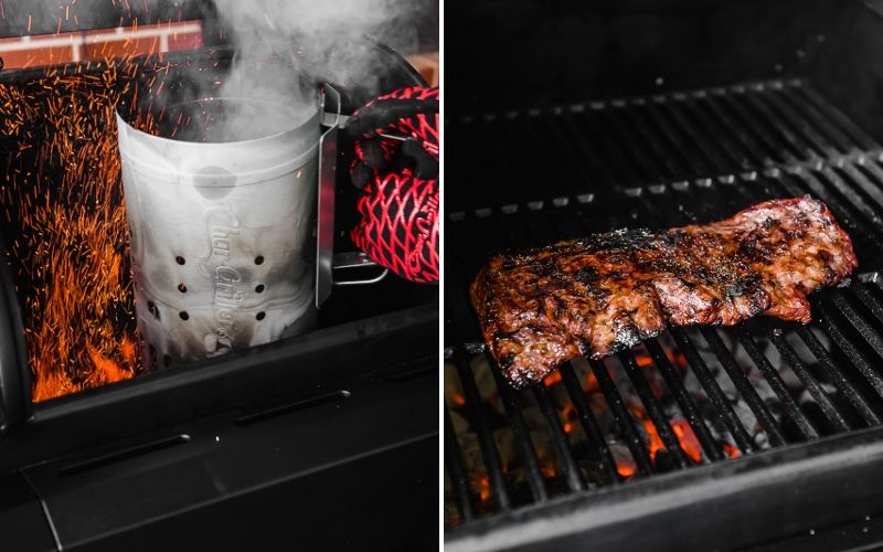 Grilled skirt steak on a charcoal grill