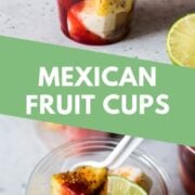 These Mexican Fruit Cups bring the taste of real authentic Mexican fruit stands right to your own kitchen! Fresh fruit drizzled in salty sweet chamoy sauce, chile lime Tajin seasoning and fresh lime juice. Pretty much the best fruit salad snack ever!