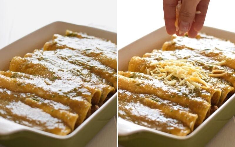 Enchiladas verdes being topped with shredded cheese