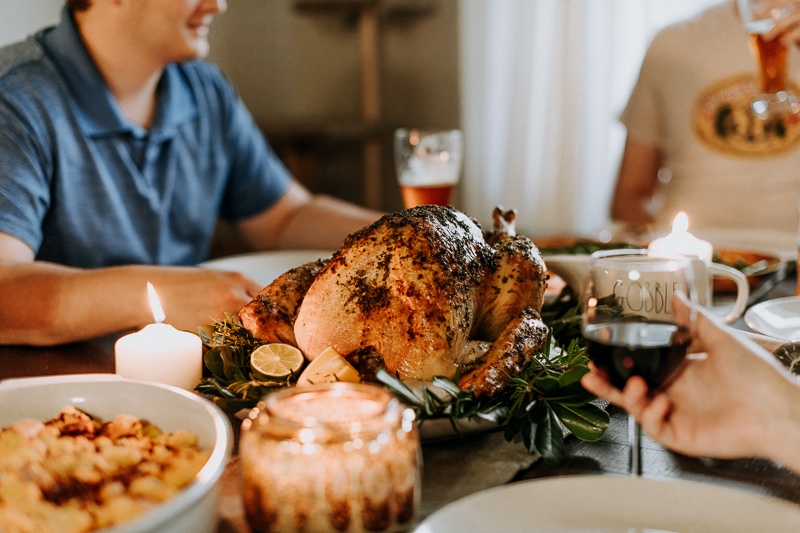 A Honeysuckle White turkey as the centerpiece of a Friendsgiving celebration.