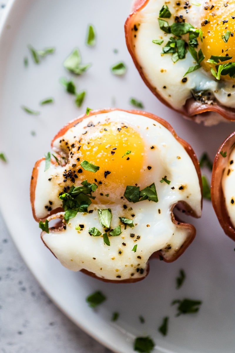 Baked eggs on a plate ready to eat.