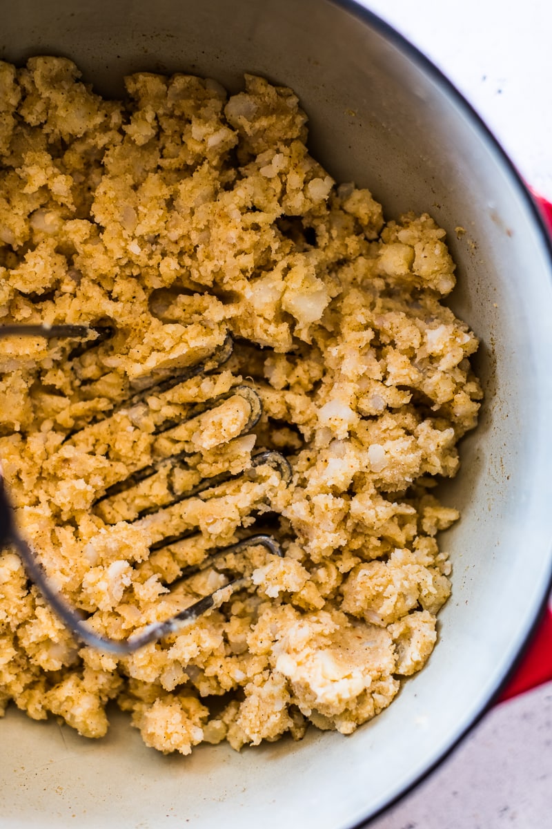 Mexican-spiced mashed potatoes in a Dutch oven to use as filling for Crispy Potato Tacos