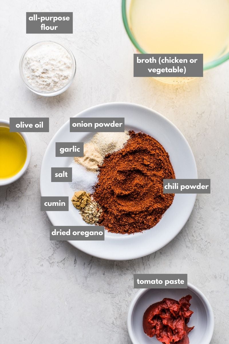 Easy enchilada sauce ingredients like chili powder and broth.