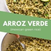 Spice up your next Mexican meal with a side of Arroz Verde! This delicious green rice is easy to make and pairs well with many dishes including enchiladas, burrito bowls, tacos and meat/seafood! #arrozverde #mexicanfoodrecipes #greenrice #mexicanrice