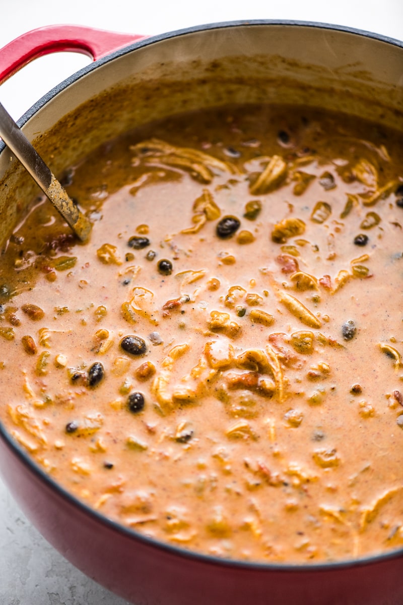 A dutch oven full of chicken enchilada soup with a ladle.