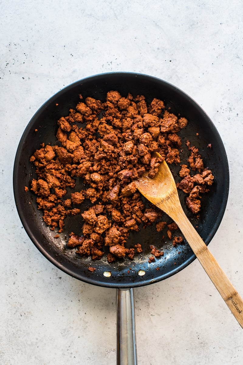 Cooked Mexican chorizo in a skillet.