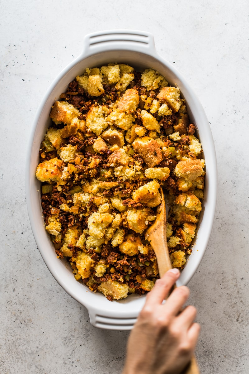 Cornbread and chorizo mixture in a baking dish