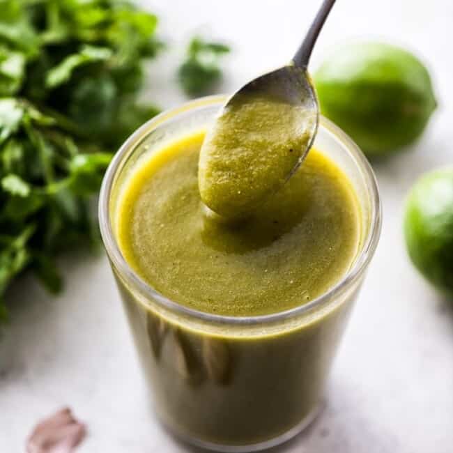 This Green Enchilada Sauce recipe is made from roasted green chiles, onions, garlic, and some classic Mexican herbs and spices all in only 20 minutes!