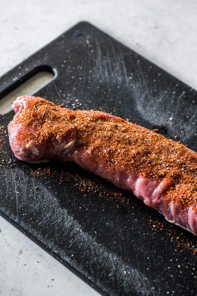 A pork tenderloin rubbed all over with a spice seasoning blend.