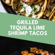 These grilled shrimp tacos are seasoned with lime juice, garlic and cumin and served in corn tortillas with a creamy cabbage slaw, corn and cotija cheese. #shrimptacos #tacos #mexicanrecipes #grilledshrimp