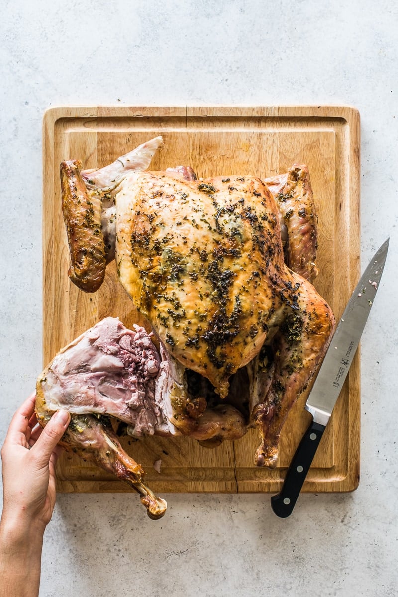 Carving the thigh and leg off a turkey