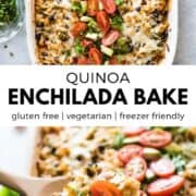 This Quinoa Enchilada Bake is a healthy Tex-Mex casserole that's easy to make and filled with lots of veggies! Made with quinoa, black beans, broccoli, enchilada sauce and more! (vegetarian, gluten free) #casserolerecipes #mexicanrecipes #enchiladas