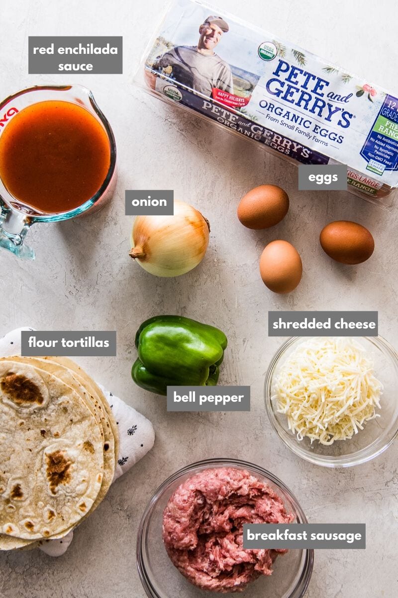 Breakfast enchilada ingredients on a table