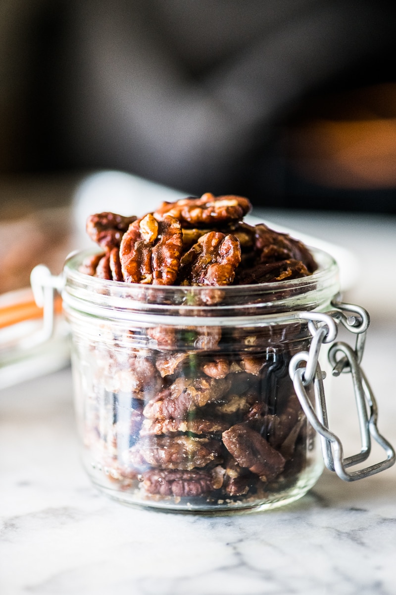 Candied pecans in a jar ready to be served