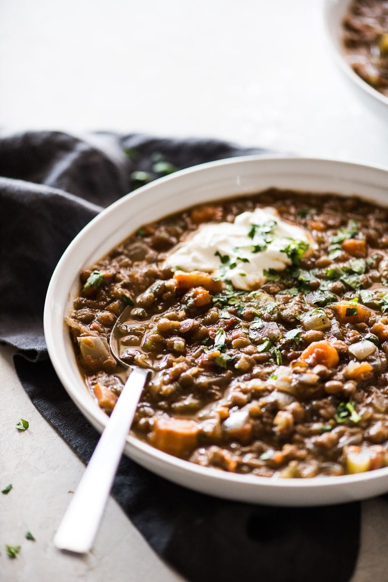 Crockpot lentil soup in a bowl