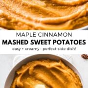 These Mashed Sweet Potatoes are easy to make, creamy and seasoned with cinnamon and a touch of maple syrup. The perfect healthy side dish for the holidays that's also paleo, gluten free, vegetarian and vegan. #sweetpotatoes #sidedish #holidays