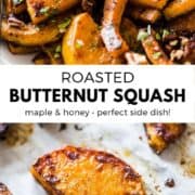 This Oven Roasted Butternut Squash recipe is melt-in-your-mouth good! Made with maple syrup, honey and melted butter, it's tasty enough for a special occasion like Thanksgiving and Christmas holidays, yet easy enough for a weeknight meal! #butternutsquash #sidedish #holidayrecipes #vegetarianrecipes