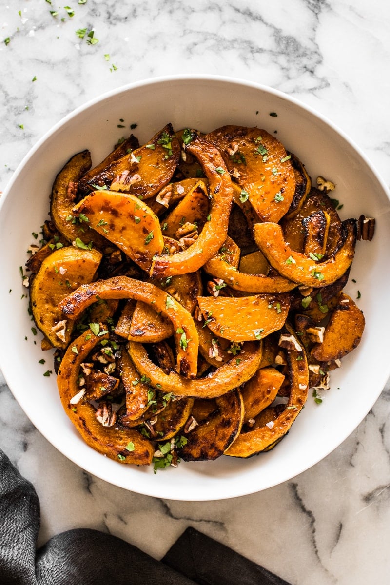 A bowl filled with roasted butternut squash.