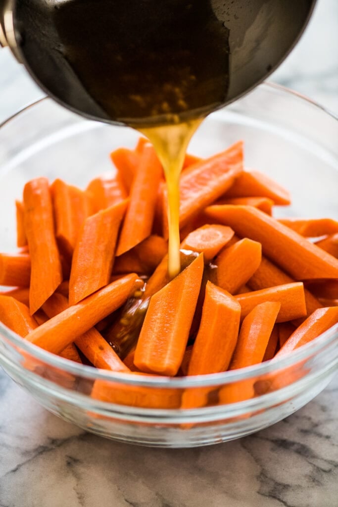 Peeled and sliced carrots in a bowl