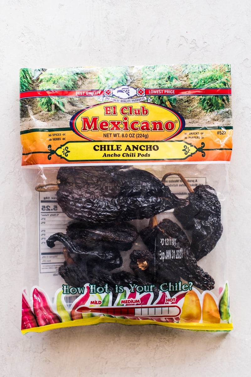 A bag full of dried ancho chile peppers