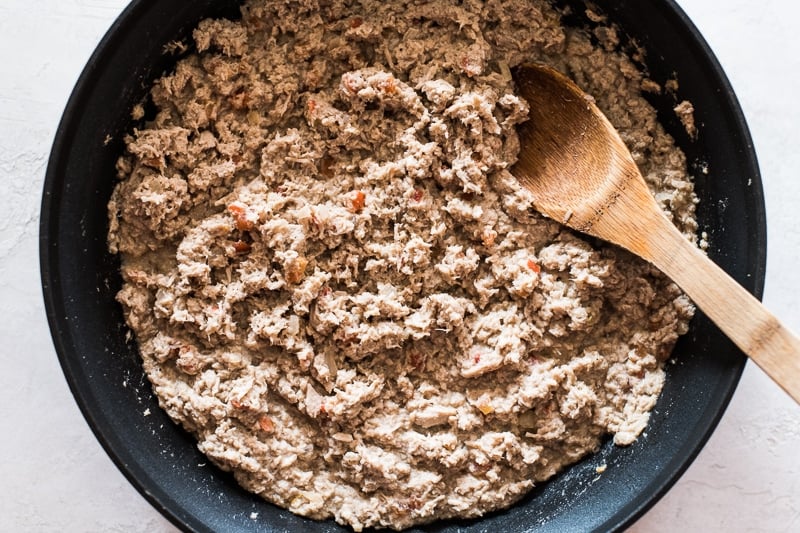 Meat empanada filling in a skillet