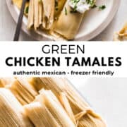 Chicken tamales made from an easy masa tamale dough and stuffed with tender pieces of chicken and green chile verde sauce. Great for serving a crowd or freezing and reheating for later! #tamales #chickentamales #glutenfree #mexicanfood