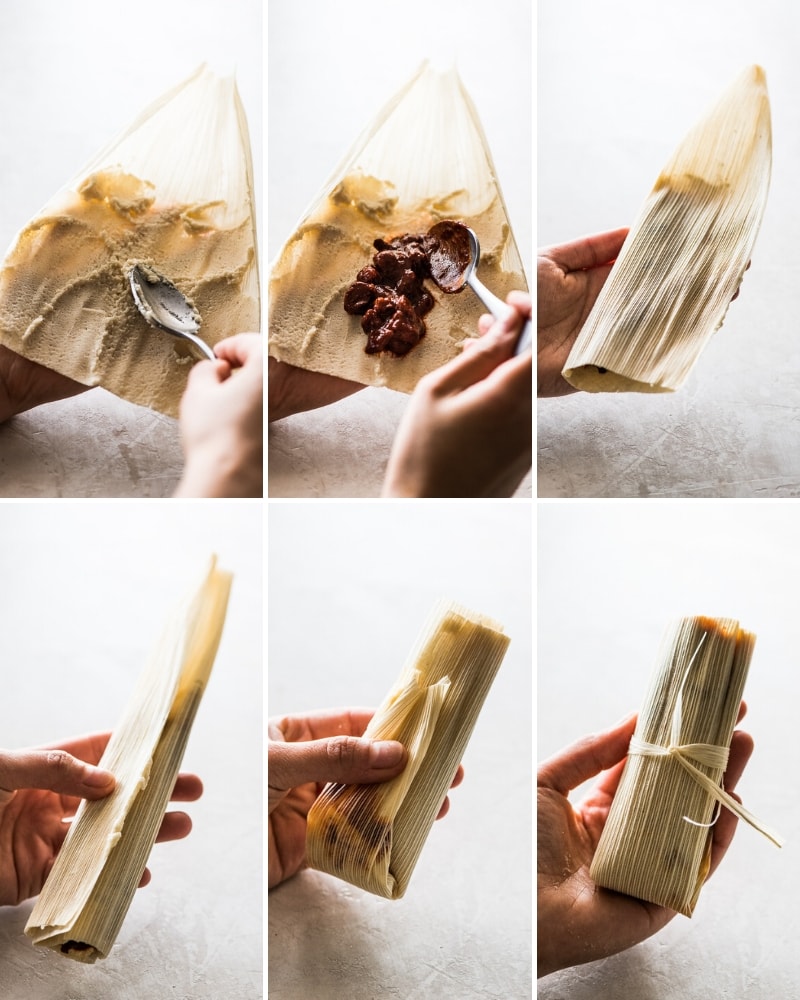 Step by step photos showing how to assemble tamales in corn husks.