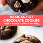 Easy Mexican Hot Chocolate Cookies that are thick, chewy and spiced with a touch of cinnamon and chili powder! Top them with mini marshmallows for extra goodness! #cookies #dessert #chocolatecookies #cookierecipes