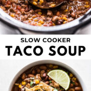 This easy and healthy Slow Cooker Taco Soup is perfect for busy weeknights and makes great leftover lunches. Made with beans, corn, ground turkey and the best Tex-Mex ingredients in a crock pot! #tacosoup #soup #slowcooker #crockpot