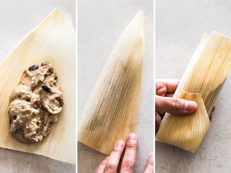 A collage of photos showing you how to assemble sweet tamales in a corn husk