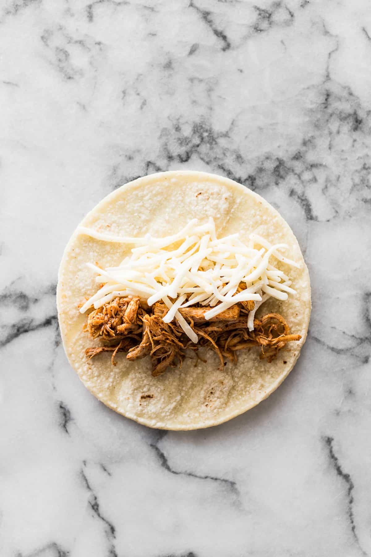A corn tortilla with shredded cheese and shredded chicken in the middle.