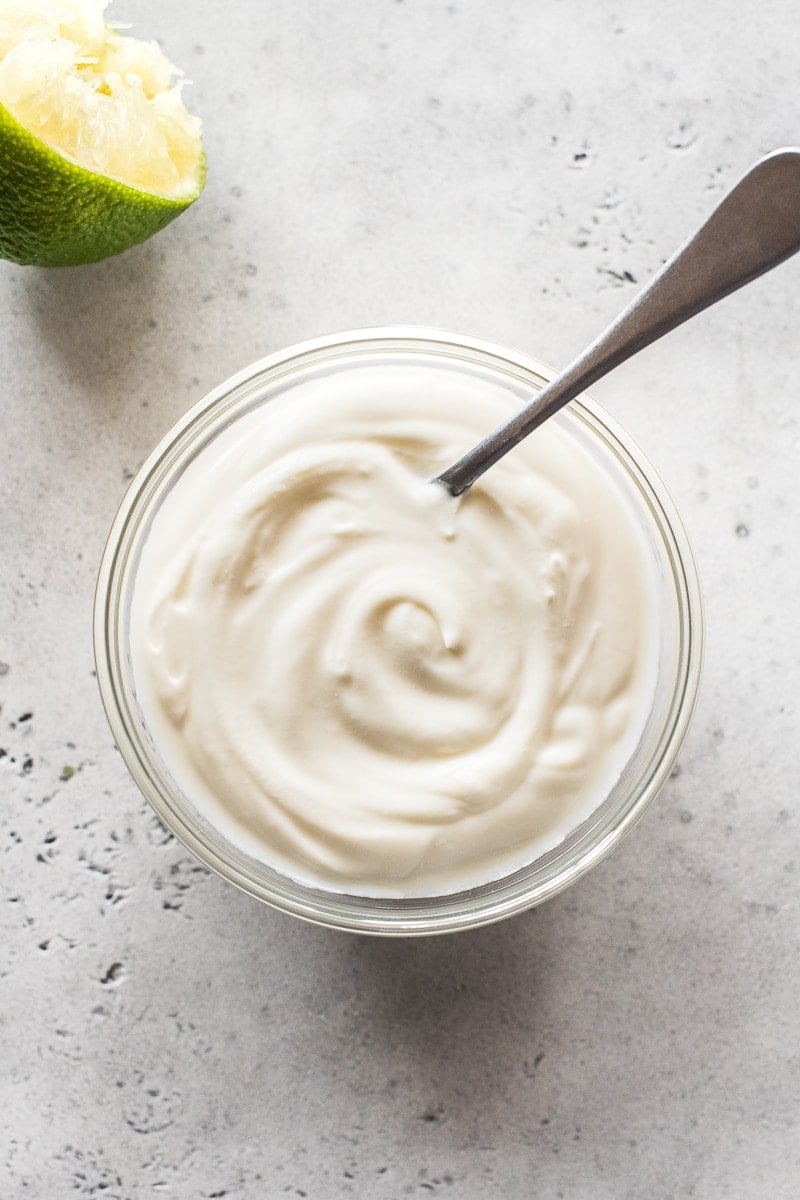 Mexican crema in a glass bowl ready to be served.