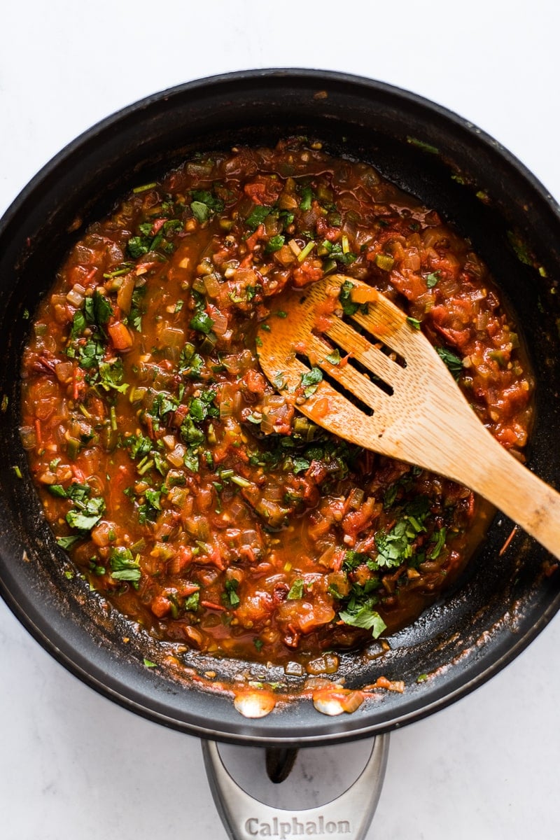 Ranchero sauce in a skillet