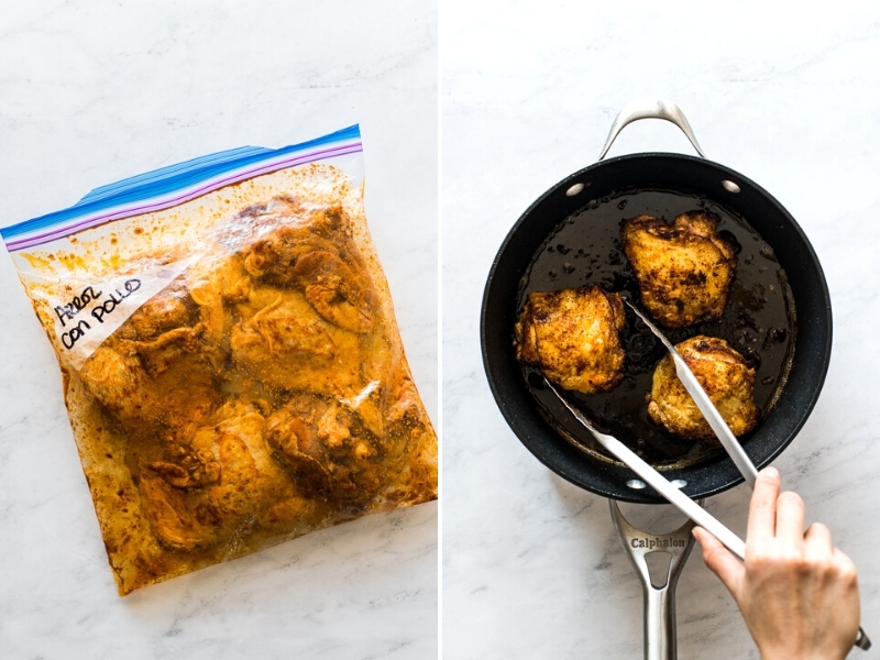 Chicken thighs marinating for arroz con pollo