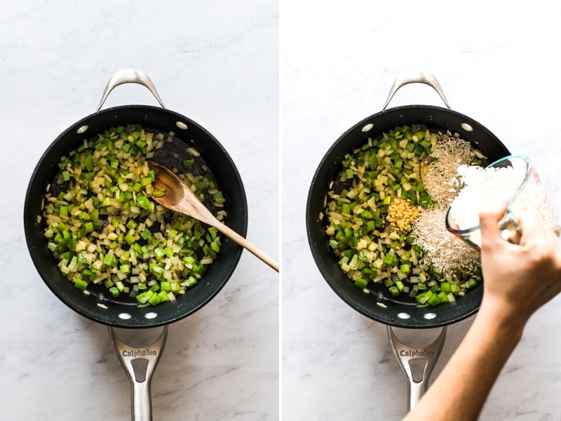 Cooking onions and bell peppers in a pan