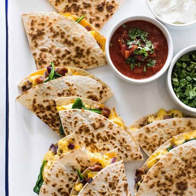 Breakfast quesadillas with eggs, cheese and bacon.