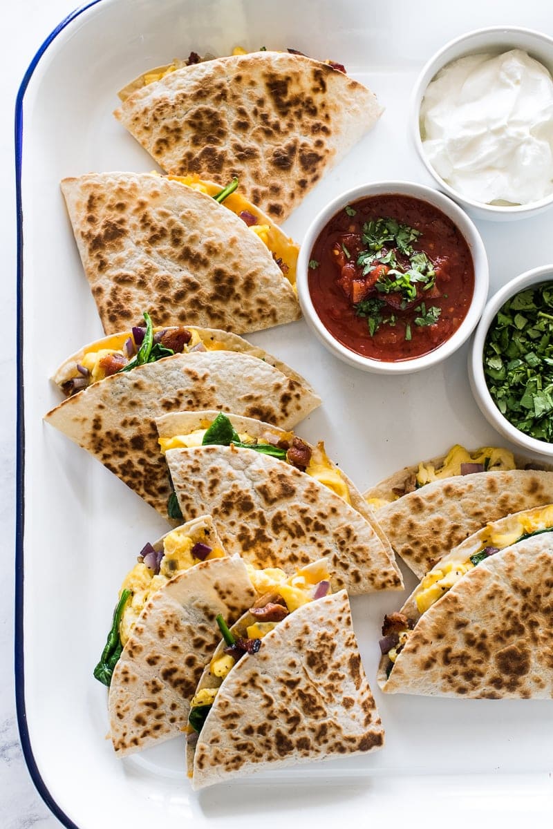 Breakfast quesadillas with eggs, cheese and bacon.