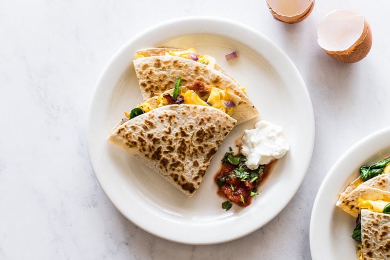 Breakfast quesadillas with salsa and sour cream