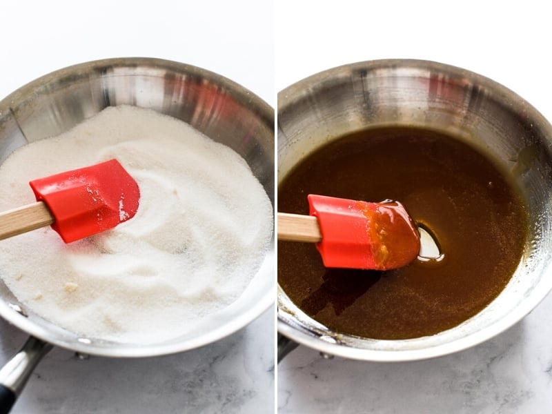 Caramel in a skillet for flan