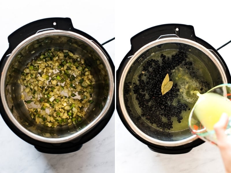 Broth being poured over dried black beans in an Instant Pot pressure cooker.